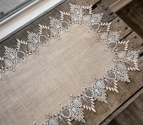 LINENS ART AND THINGS، مفرش طاولة من الدانتيل، بألوان ترابية محايدة، وشاح لطاولة القهوة، بني بيج (16 عرض × 54 طول) in Kuwait