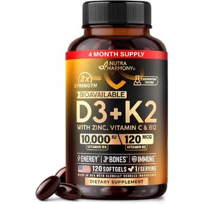 Vitamin D3 K2 - Vitamin D3 10000 iu & K2 120 mcg - Immune & Mood Support, for Bone & Teeth Health - with Zinc, Vitamin C & B12 - Highly Bioavailable - For Men & Women - Made in USA, 120 Softgels in Saudi Arabia