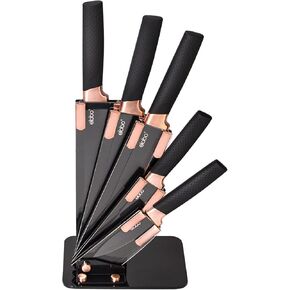 elabo 6 Piece Kitchen Knife Set – Premium Stainless Steel Knife Set with Block, Knives Set for Kitchen, Sharp Knife Block Set with Non-Stick Coating, Dishwasher Safe, Space-saving, Rose Gold in Saudi Arabia