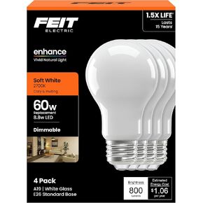 Feit Electric A19 LED Light Bulb, 60W Equivalent, 8.8W, Soft White 2700K, 800 Lumens, 90+ CRI Enhance Series, Omnidirectional,17,000-hour Lifetime, A1960/927CA/FIL/4, 4 Pack in Kuwait
