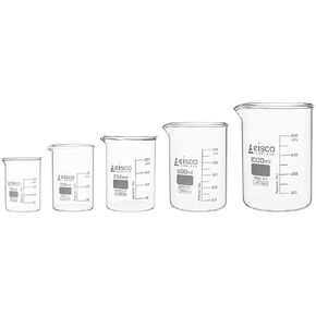 Eisco Labs - Premium Borosilicate Glass Beaker Set - 50mL, 100mL, 250mL, 600mL, 1000mL - Low Form, White Graduations, Durable, Heat & Chemical Resistant Glassware for Measuring, Mixing, Experiments in Kuwait