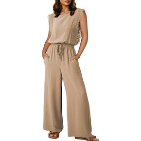 Dokotoo Womens Jumpsuits Crewneck Lace Cap Sleeve Drawstring High Waist Wide Leg Casual Rompers with Pockets in Saudi Arabia