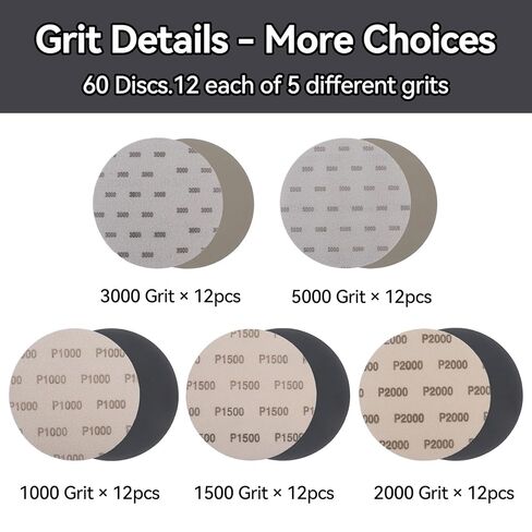 Klmnop 6 Inch 60 Pcs Wet Dry Sanding Discs Hook and Loop, 1000 1500 2000 3000 5000 Grit Sandpaper Silicon Carbide for Random Orbital Sander, Automotive Metal Sanding Polishing, Wood Finishing(Grey) in Kuwait