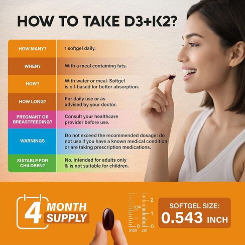 فيتامين D3 K2 - فيتامين D3 10000 وحدة دولية وK2 120 ميكروجرام - دعم المناعة والمزاج، لصحة العظام والأسنان - مع الزنك وفيتامين C وB12 - متوفر بيولوجيًا بدرجة عالية - للرجال والنساء - صنع في الولايات المتحدة الأمريكية، 120 كبسولة هلامية in Kuwait