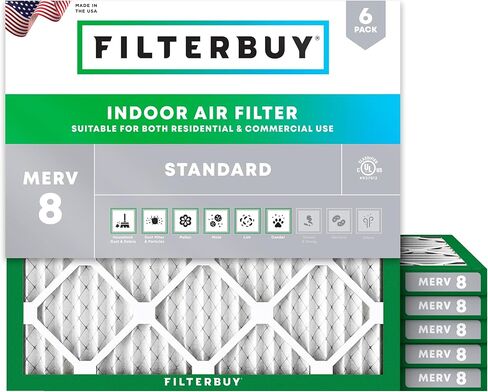 Filterbuy 17.5x17.5x1 فلتر هواء MERV 8 أساسي للدفاع عن الغبار والحساسية (6 عبوات)، استبدال مرشحات فرن HVAC AC المطوية بالكهرباء الساكنة (الحجم الفعلي: 17.50 × 17.50 × 0.75) in Kuwait