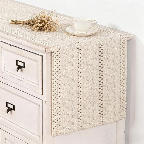 MLMC العاج بوهو الجدول عداء مزرعة Macrame المنسوجة الجدول عداء 48 بوصة طويلة ريفي القطن الكتان مزيج ديكور الجدول لتناول الطعام المطبخ الزفاف الزفاف دش كل يوم استخدام 12 × 48 بوصة in Kuwait