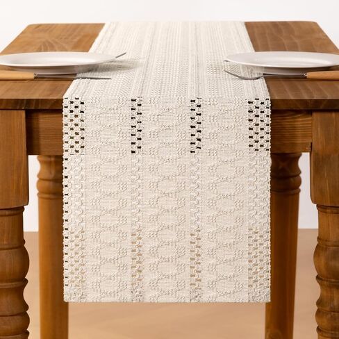 MLMC العاج بوهو الجدول عداء مزرعة Macrame المنسوجة الجدول عداء 48 بوصة طويلة ريفي القطن الكتان مزيج ديكور الجدول لتناول الطعام المطبخ الزفاف الزفاف دش كل يوم استخدام 12 × 48 بوصة in Kuwait