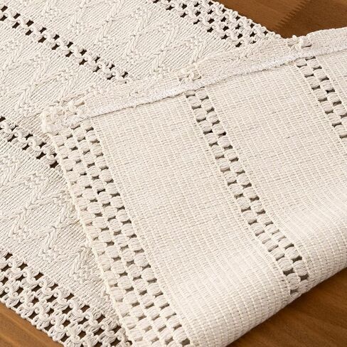 MLMC العاج بوهو الجدول عداء مزرعة Macrame المنسوجة الجدول عداء 48 بوصة طويلة ريفي القطن الكتان مزيج ديكور الجدول لتناول الطعام المطبخ الزفاف الزفاف دش كل يوم استخدام 12 × 48 بوصة in Kuwait