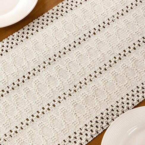 MLMC العاج بوهو الجدول عداء مزرعة Macrame المنسوجة الجدول عداء 48 بوصة طويلة ريفي القطن الكتان مزيج ديكور الجدول لتناول الطعام المطبخ الزفاف الزفاف دش كل يوم استخدام 12 × 48 بوصة in Kuwait