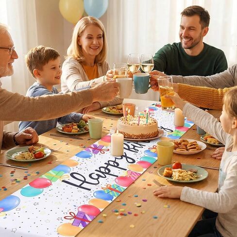 مفرش طاولة عيد ميلاد سعيد، مقاس 72×13 بوصة، مفرش طاولة عيد ميلاد ملون، طاولات تزيين طاولات المطبخ وطاولات الطعام، تصميم بالون لتزيين حفلات أعياد الميلاد in Kuwait