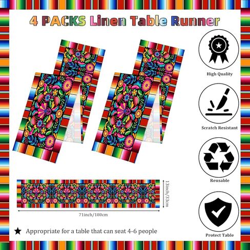 2 PCS Linen Mexican Fiesta Table Runner Decoration 71 x 13'' Fifth of May Dia De Los Muertos Runners Farmhouse Rustic Runner Day of The Dead Decor and Supplies for Kitchen Dining Home Table Decoration in Kuwait