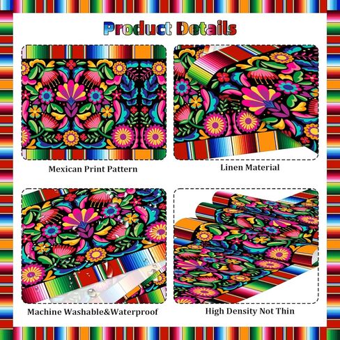 2 PCS Linen Mexican Fiesta Table Runner Decoration 71 x 13'' Fifth of May Dia De Los Muertos Runners Farmhouse Rustic Runner Day of The Dead Decor and Supplies for Kitchen Dining Home Table Decoration in Kuwait
