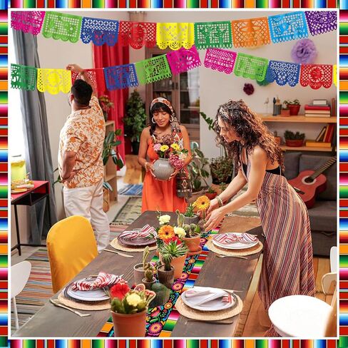 2 PCS Linen Mexican Fiesta Table Runner Decoration 71 x 13'' Fifth of May Dia De Los Muertos Runners Farmhouse Rustic Runner Day of The Dead Decor and Supplies for Kitchen Dining Home Table Decoration in Kuwait