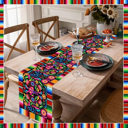 2 PCS Linen Mexican Fiesta Table Runner Decoration 71 x 13'' Fifth of May Dia De Los Muertos Runners Farmhouse Rustic Runner Day of The Dead Decor and Supplies for Kitchen Dining Home Table Decoration in Kuwait