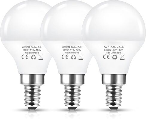 مصابيح إضاءة مروحة السقف Flaspar مكافئة 60 وات، لمبة G45 E12 LED، قاعدة لمبة شمعدان 5000K في ضوء النهار، مصابيح A15 LED صغيرة كروية، 120 فولت 6 وات سطوع عالي 600LM CRI85+، غير قابلة للتعتيم، 3 عبوات in Kuwait