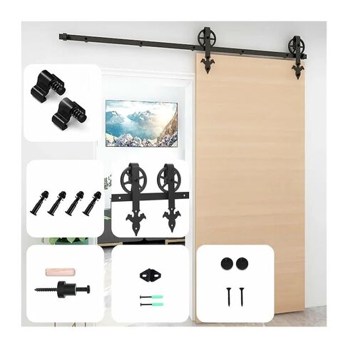 5-6.6FT Big Wheel Anchor/T/Flower/Flat Style Sliding Barn Door Hardware Kit for Single Door with Adjustable Floor Guide(Big Wheel Flat-New,5FT(152CM)) in Saudi Arabia