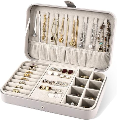Greenfeather Luxury Small Travel Jewelry Box with Earring Compartments, Rectangle Jewelry Boxes for Women, Elegant PU Gift Jewelry Holder for Daily Storage, Trips and Special Occasions (Apricot) in Saudi Arabia