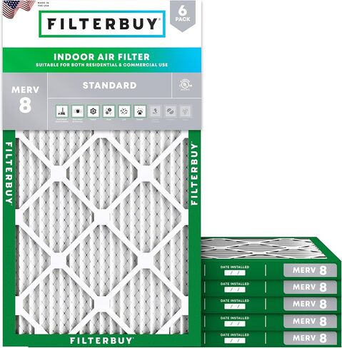 Filterbuy 17.5x29.5x1 فلتر هواء MERV 8 أساسي للدفاع عن الغبار والحساسية (6 عبوات)، استبدال مرشحات فرن HVAC AC المطوية بالكهرباء الساكنة (الحجم الفعلي: 17.50 × 29.50 × 0.75) in Kuwait