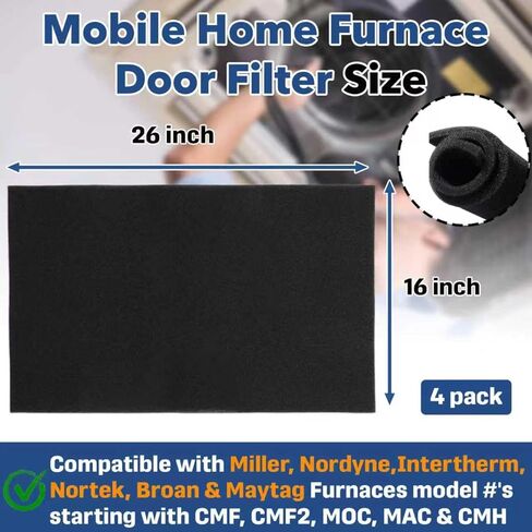 4-Pack 16" x 26" x 1/4" Mobile Home Furnace Door Foam Filter, Vacuum Sealed, Washable Reusable Replacement Air Filter, Compatible with Mobile Home Furnace Models with CMF/CMF2/MOC/MAC/CMH Prefixes in Kuwait