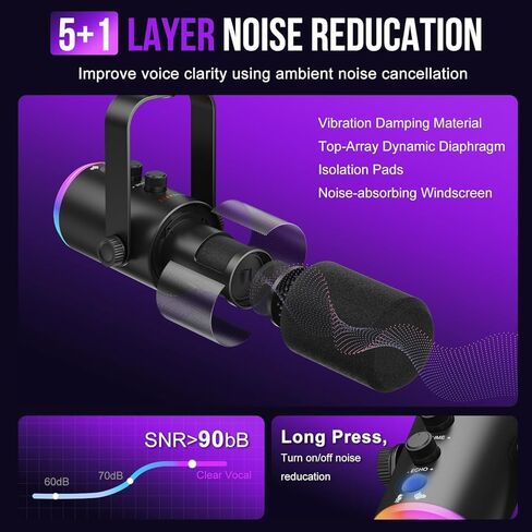 ميكروفون ديناميكي، ميكروفون USB-C/XLR لتسجيل البودكاست للكمبيوتر الشخصي لتسجيل البودكاست وألعاب البث مع ضوء RGB وزر كتم الصوت وحامل سطح المكتب ومقبس سماعات الرأس وميكروفون صوتي لغناء Tiktok YouTube in Kuwait