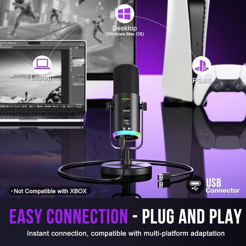 ميكروفون ديناميكي، ميكروفون USB-C/XLR لتسجيل البودكاست للكمبيوتر الشخصي لتسجيل البودكاست وألعاب البث مع ضوء RGB وزر كتم الصوت وحامل سطح المكتب ومقبس سماعات الرأس وميكروفون صوتي لغناء Tiktok YouTube in Kuwait
