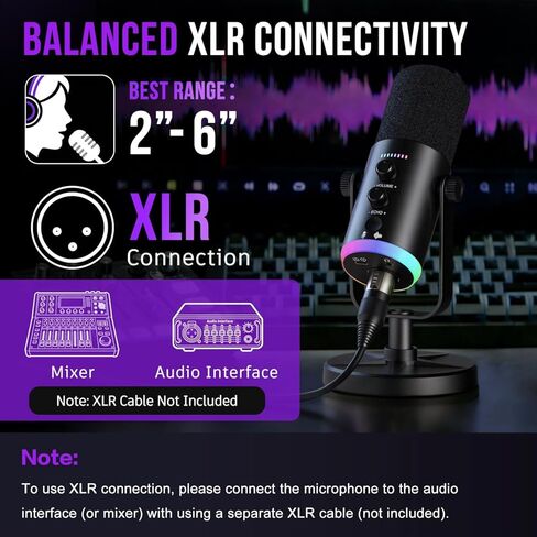 ميكروفون ديناميكي، ميكروفون USB-C/XLR لتسجيل البودكاست للكمبيوتر الشخصي لتسجيل البودكاست وألعاب البث مع ضوء RGB وزر كتم الصوت وحامل سطح المكتب ومقبس سماعات الرأس وميكروفون صوتي لغناء Tiktok YouTube in Kuwait