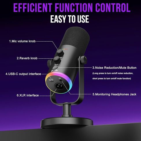 ميكروفون ديناميكي، ميكروفون USB-C/XLR لتسجيل البودكاست للكمبيوتر الشخصي لتسجيل البودكاست وألعاب البث مع ضوء RGB وزر كتم الصوت وحامل سطح المكتب ومقبس سماعات الرأس وميكروفون صوتي لغناء Tiktok YouTube in Kuwait
