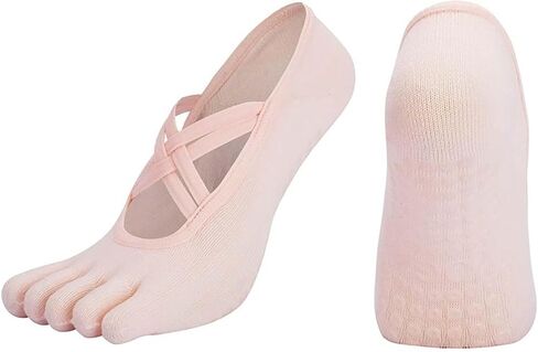 Non-Slip Yoga Socks for Women, Grip Pilates Barre Dance Fitness, Toeless Five Toe Socks with Straps, Multiple Colors in Saudi Arabia