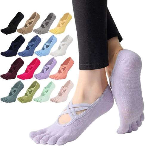 Non-Slip Yoga Socks for Women, Grip Pilates Barre Dance Fitness, Toeless Five Toe Socks with Straps, Multiple Colors in Saudi Arabia