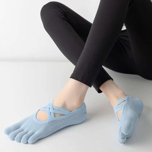 Non-Slip Yoga Socks for Women, Grip Pilates Barre Dance Fitness, Toeless Five Toe Socks with Straps, Multiple Colors in Saudi Arabia