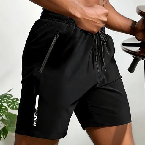 Men's Quick Dry Workout Shorts with Zipper Pockets, Elastic Waist Running Gym Shorts Fitness Running Casual Summer Shorts in Kuwait