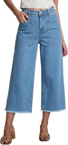 Sidefeel Womens Wide Leg Baggy Capri Jeans High Waisted Straight Leg Stretchy Raw Hem Cropped Denim Pants with Pockets in Saudi Arabia