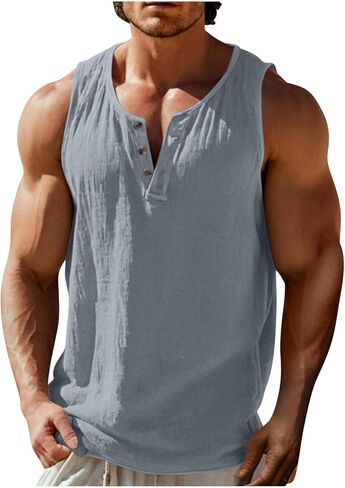 Muscle Tank Tops for Mens Sleeveless Summer Workout Gym Slim Fit Henley Shirt Basic Tee Solid Beach Vacation Tops in Saudi Arabia