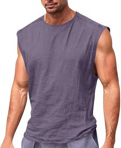القطن الكتان تانك القمم للرجال الصيف عادية Crewneck أكمام العضلات تي شيرت رجالي عطلة الشاطئ الأساسية الصدرية in Kuwait