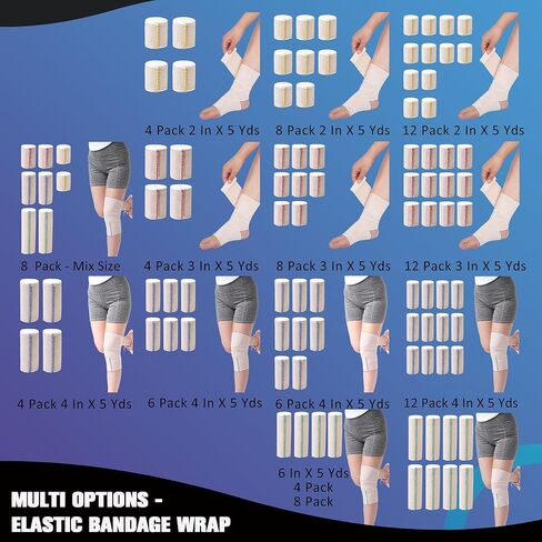 3 In Elastic Bandage Wrap 8 Pack, Compression Bandage Wrap for Ankle, Elbow, Knee, Shoulder,Tummy, Body, Premium Sport Support & Injury Recovery, Reusable & Durable in Saudi Arabia