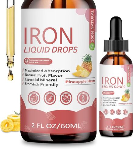Iron Supplement Liquid Drops - High Absorption Formula with Vitamins C, B12, B6, Supports Energy, Gentle & Vegan, Suitable for Women, Men & Children, Pineapple Flavor, 60 ml in Kuwait