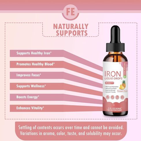 Iron Supplement Liquid Drops - High Absorption Formula with Vitamins C, B12, B6, Supports Energy, Gentle & Vegan, Suitable for Women, Men & Children, Pineapple Flavor, 60 ml in Kuwait