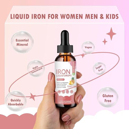 Iron Supplement Liquid Drops - High Absorption Formula with Vitamins C, B12, B6, Supports Energy, Gentle & Vegan, Suitable for Women, Men & Children, Pineapple Flavor, 60 ml in Kuwait