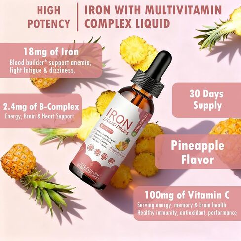 Iron Supplement Liquid Drops - High Absorption Formula with Vitamins C, B12, B6, Supports Energy, Gentle & Vegan, Suitable for Women, Men & Children, Pineapple Flavor, 60 ml in Kuwait