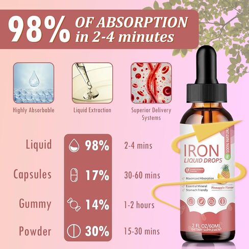 Iron Supplement Liquid Drops - High Absorption Formula with Vitamins C, B12, B6, Supports Energy, Gentle & Vegan, Suitable for Women, Men & Children, Pineapple Flavor, 60 ml in Kuwait