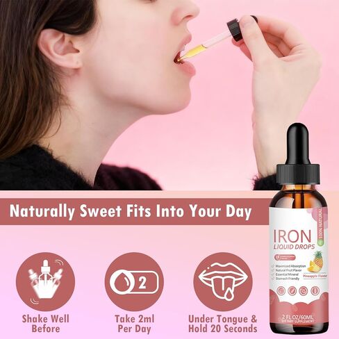 Iron Supplement Liquid Drops - High Absorption Formula with Vitamins C, B12, B6, Supports Energy, Gentle & Vegan, Suitable for Women, Men & Children, Pineapple Flavor, 60 ml in Kuwait