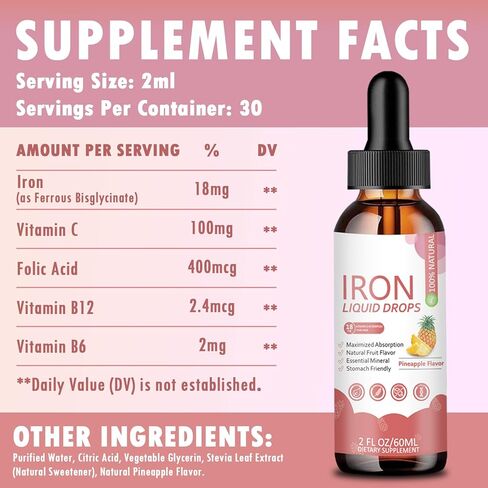 Iron Supplement Liquid Drops - High Absorption Formula with Vitamins C, B12, B6, Supports Energy, Gentle & Vegan, Suitable for Women, Men & Children, Pineapple Flavor, 60 ml in Kuwait