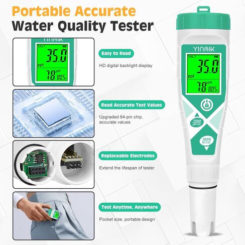 Salt PH Tester لخزان الشعاب المرجانية ، مقياس ملوحة حوض السمك المالح ، قارئ أسماك المياه العذبة ، قارئ PPM PH ، Digital 5 in 1 PH Salt EC TDS Temp Temp Temp لمسبح المياه المالحة ، المائية ، aquaponics ، Koi Pond in Saudi Arabia