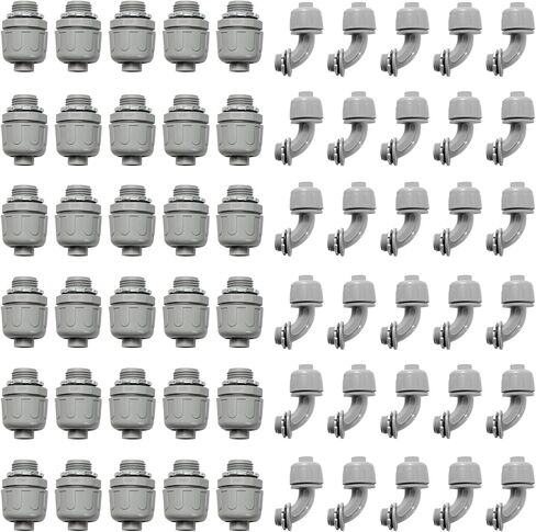 Conduit Connectors, 1 Inch Liquid Tight Connector NPT Non-Metallic for PVC Electrical Flexible Conduit Fittings, 15 Straight and 15 Angle 90 Degree, UL Listed, Grey (30-Pack) in Kuwait