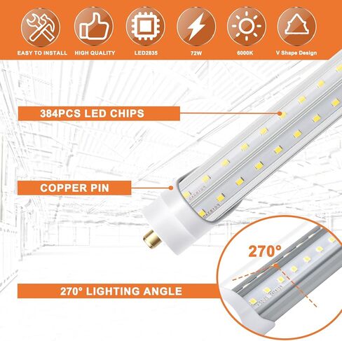 مصابيح LED ONLYLUX بطول 8 أقدام، لمبة إضاءة LED للمتجر 8 أقدام 72 وات 6000 ك 10000 لومن، فائقة السطوع، مصابيح T8 T10 T12 V على شكل FA8، غطاء شفاف، مصابيح F96T12 لاستبدال مصابيح الإضاءة الفلورية (حزمة من 12) in Kuwait