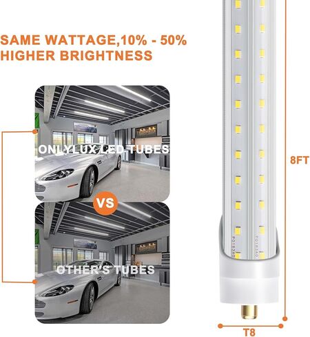 مصابيح LED ONLYLUX بطول 8 أقدام، لمبة إضاءة LED للمتجر 8 أقدام 72 وات 6000 ك 10000 لومن، فائقة السطوع، مصابيح T8 T10 T12 V على شكل FA8، غطاء شفاف، مصابيح F96T12 لاستبدال مصابيح الإضاءة الفلورية (حزمة من 12) in Kuwait