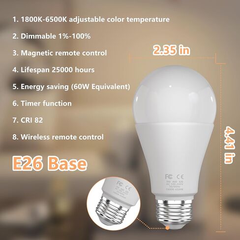 مصابيح إضاءة كهرمانية للنوم مع جهاز تحكم عن بعد، 800LM 9W (ما يعادل 60W)، لمبة إضاءة إيقاعية يومية، خافتة، 1800K-6500K، E26،2.4G، لمبة إضاءة دافئة وقراءة لديكور المنزل، 2 لمبة و1 جهاز تحكم عن بعد in Kuwait
