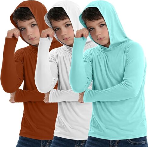 Boys' Hoodie Rash Guard Shirt UPF 50+, 3 Pack Long Sleeve Sun Protection Swim Tee Quick Dry, Lightweight Performance Top in Saudi Arabia