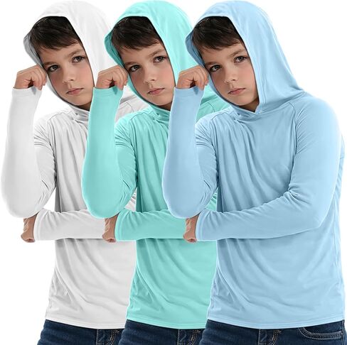 Boys' Hoodie Rash Guard Shirt UPF 50+, 3 Pack Long Sleeve Sun Protection Swim Tee Quick Dry, Lightweight Performance Top in Saudi Arabia