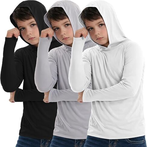 Boys' Hoodie Rash Guard Shirt UPF 50+, 3 Pack Long Sleeve Sun Protection Swim Tee Quick Dry, Lightweight Performance Top in Saudi Arabia